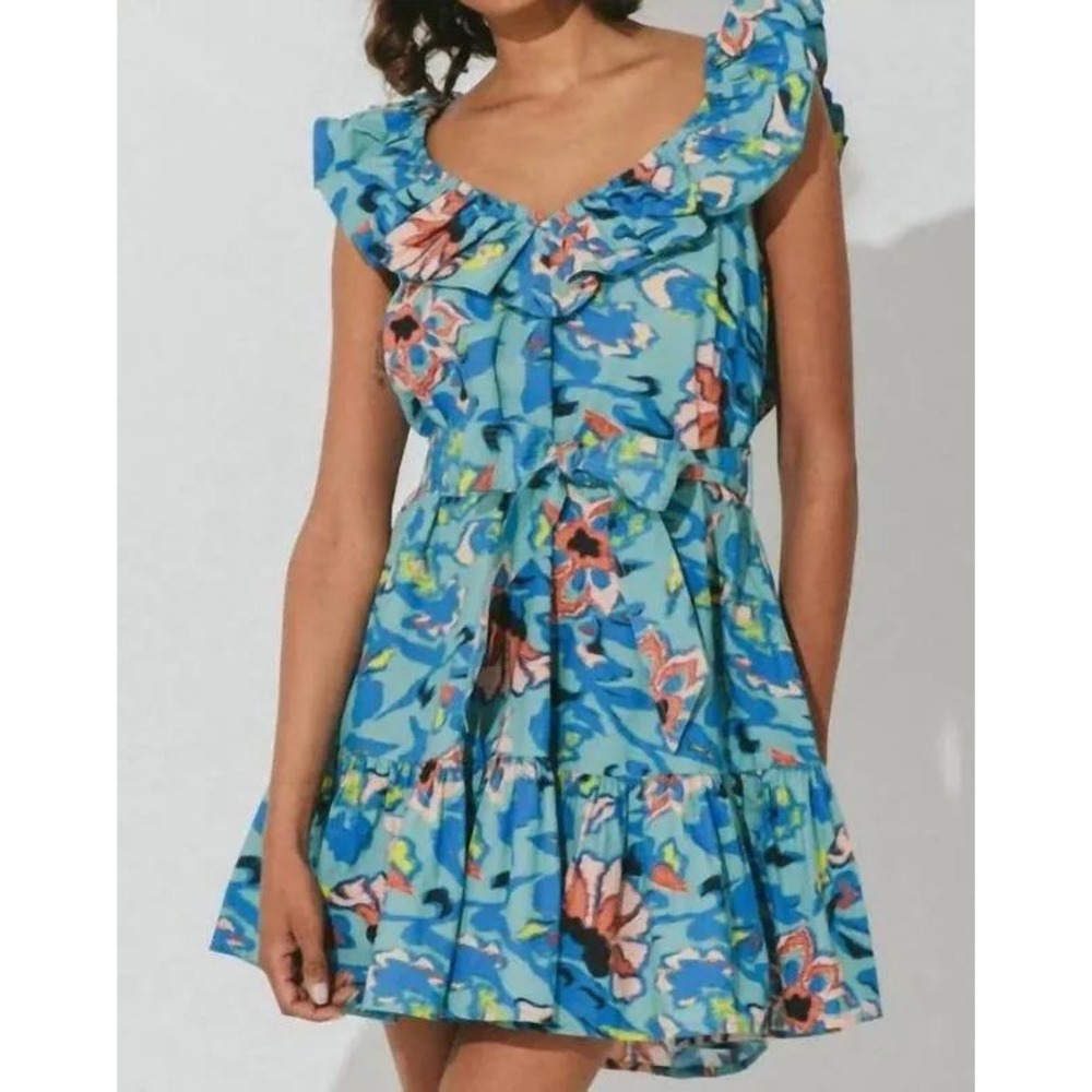 Cleobella Rina Mini Dress Organic Cotton Floral Blue Ruffle C23SU38173 NWT L